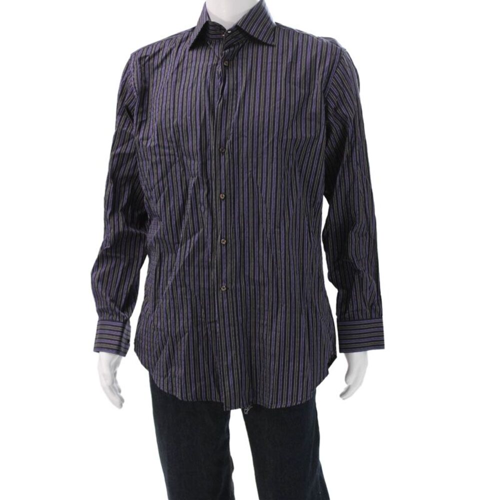 Etro Milano Mens Cotton Collared Striped Button Down Shirt Purple Size 41